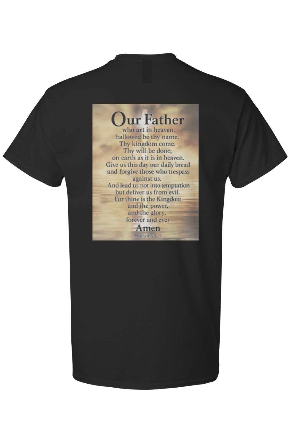 Black t-shirt with 'Our Father' prayer printed on the back against a white background