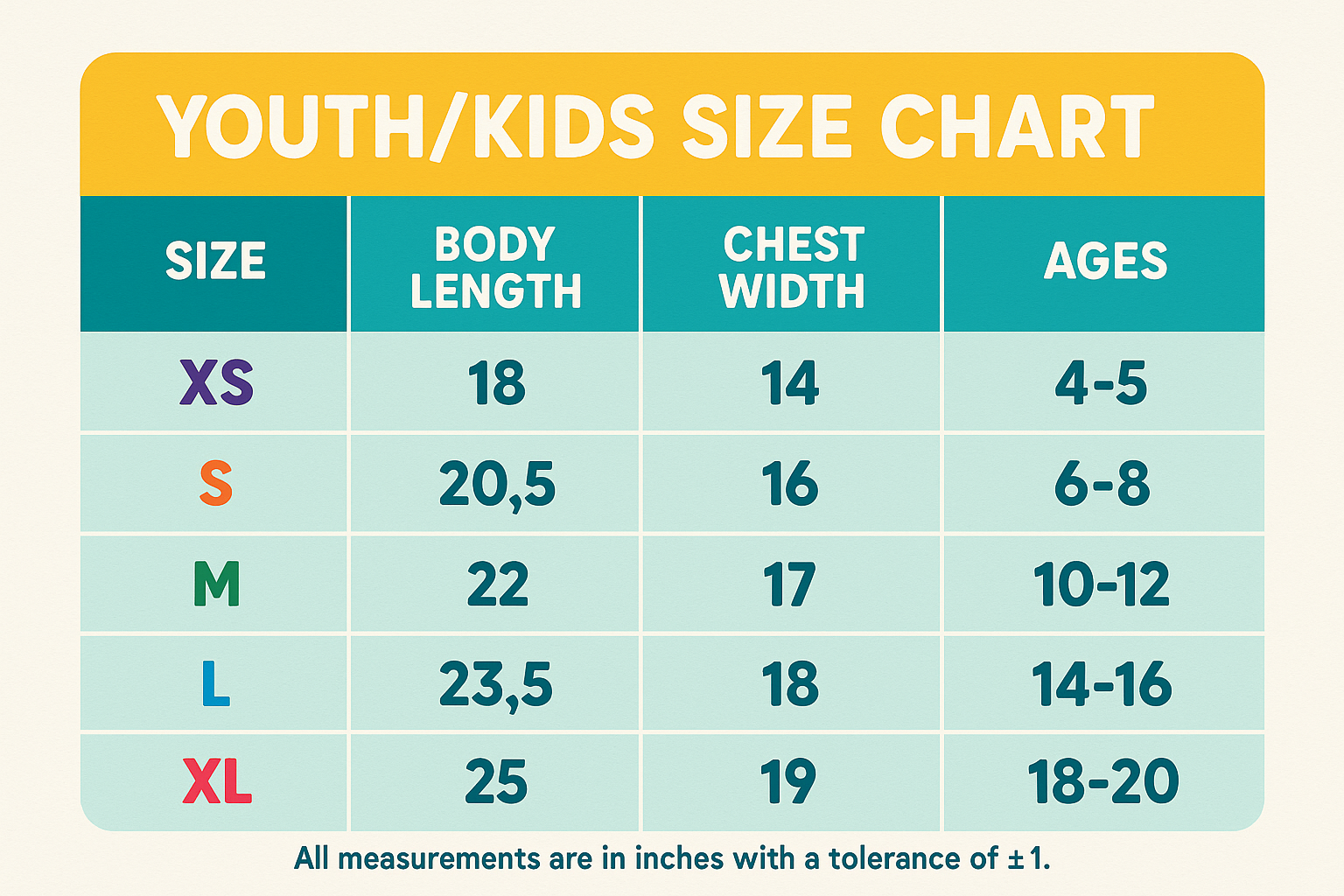Youth size chart with kid-friendly design and age recommendations